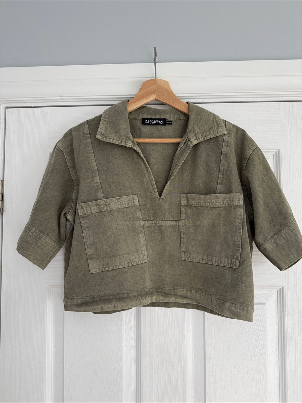 Sassafras Olive Green Cropped Utility Top
